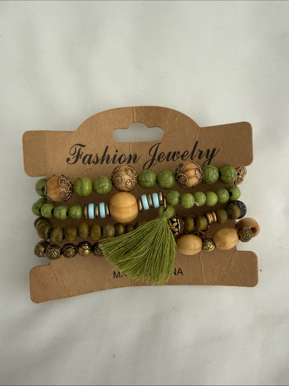Fashion Jewelry Green and Wood Beaded Tassel Bracelet Stack